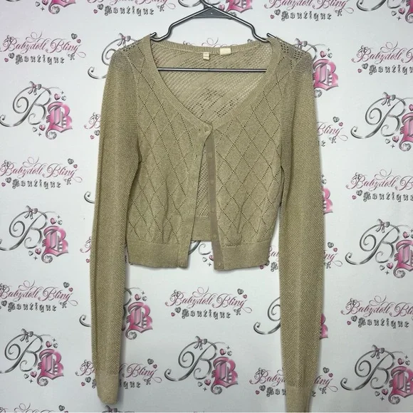 MOTH sparkly gold cardigan glitter button up crochet knitted cute  Anthropologie - Picture 2 of 12